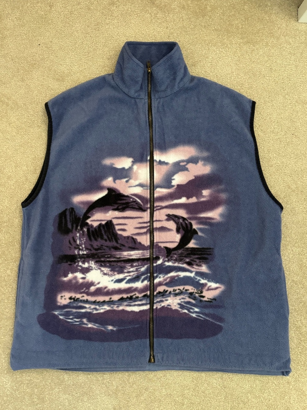 Y2K Blue Dolphin Graphic Zip Fleece Vest